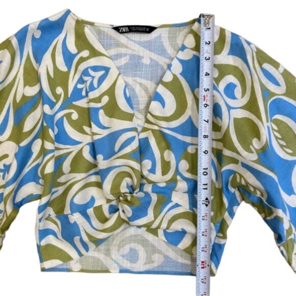ZARA Linen Blend Crop Top Boho Print Knot Front Blouse Multicolor sky blue XS - Picture 8 of 11
